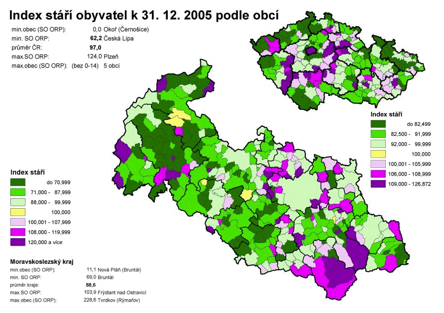 Index stáří obyvatel k 31. 12. 2005 podle obcí